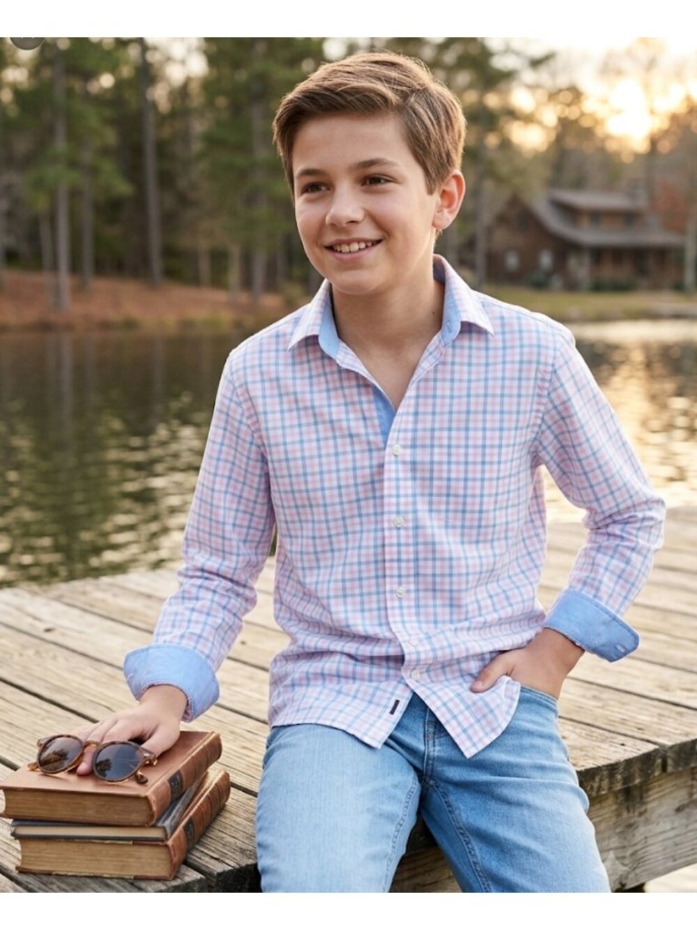 Tommy Hilfiger Boys Long-Sleeve Button-Down Plaid Shirt Size 16 Pink & Blue Chec